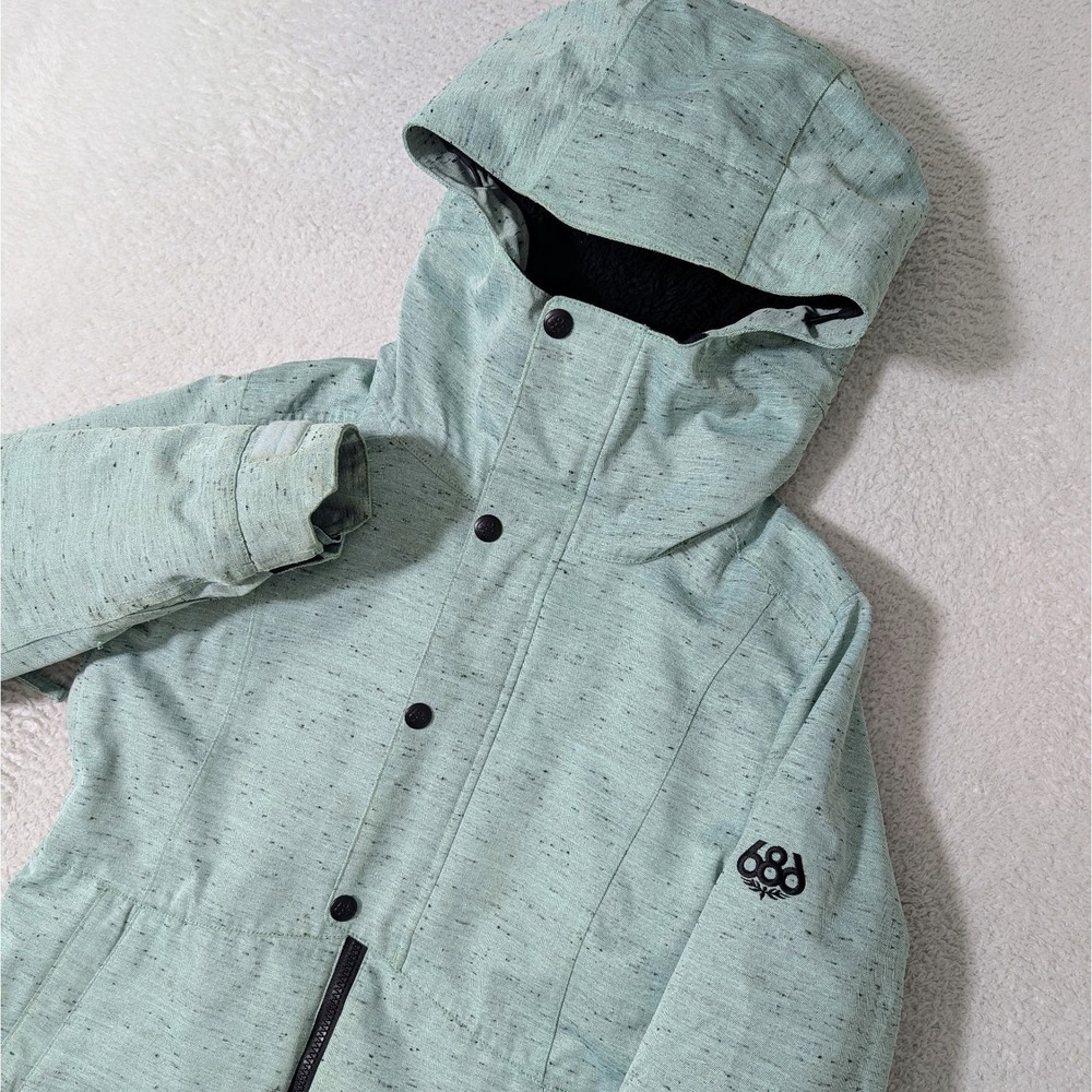 686 Women's Sm Teal Blue Rumor Winter Coat Fleece Lined Hooded Harringbone Nylon